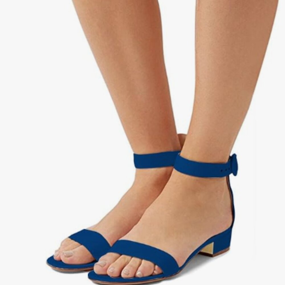 YDN Navy Block Low Heeled Ankle Strap Sandals Open Toe Shoe Buckle